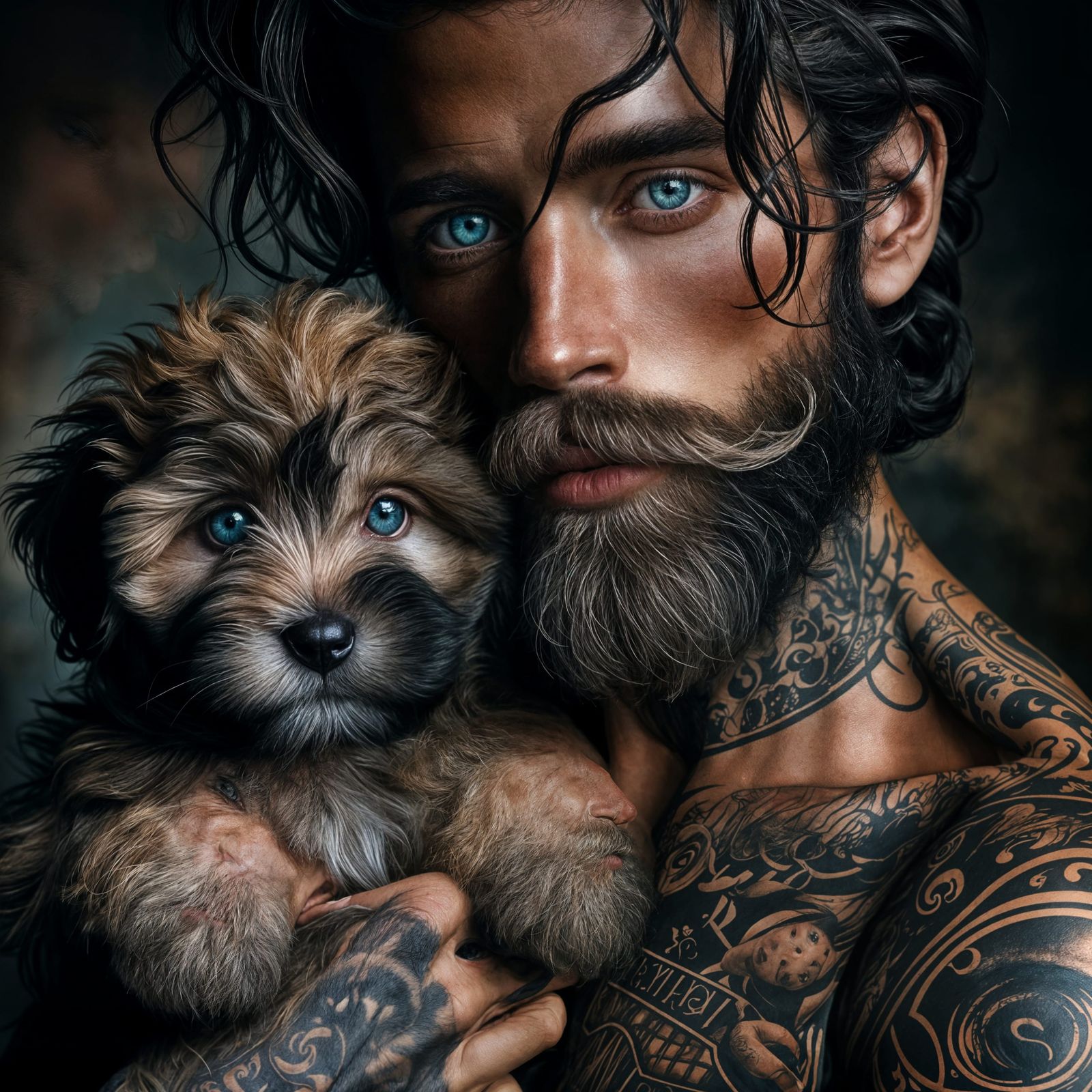 Man and Puppy Portrait in Hyperrealistic Style