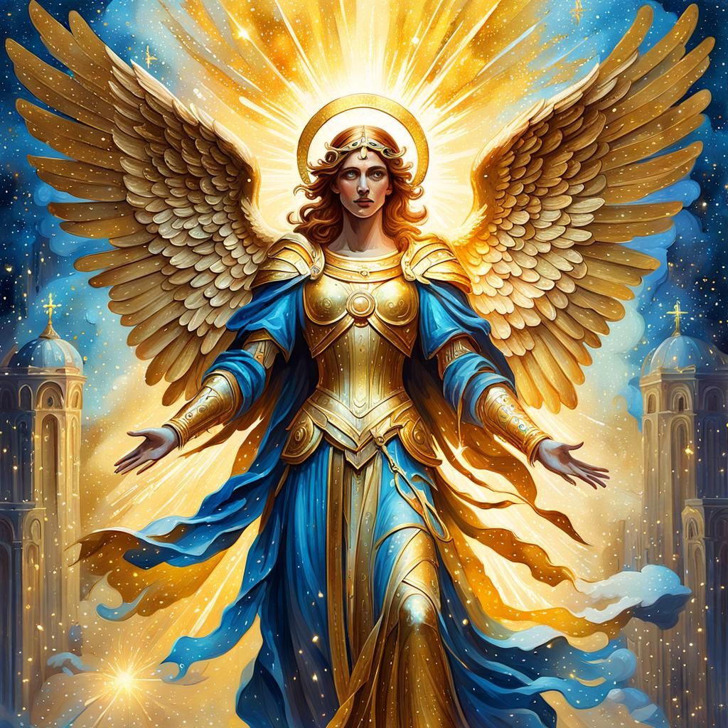 Golden Christmas Archangel in Gouache Style