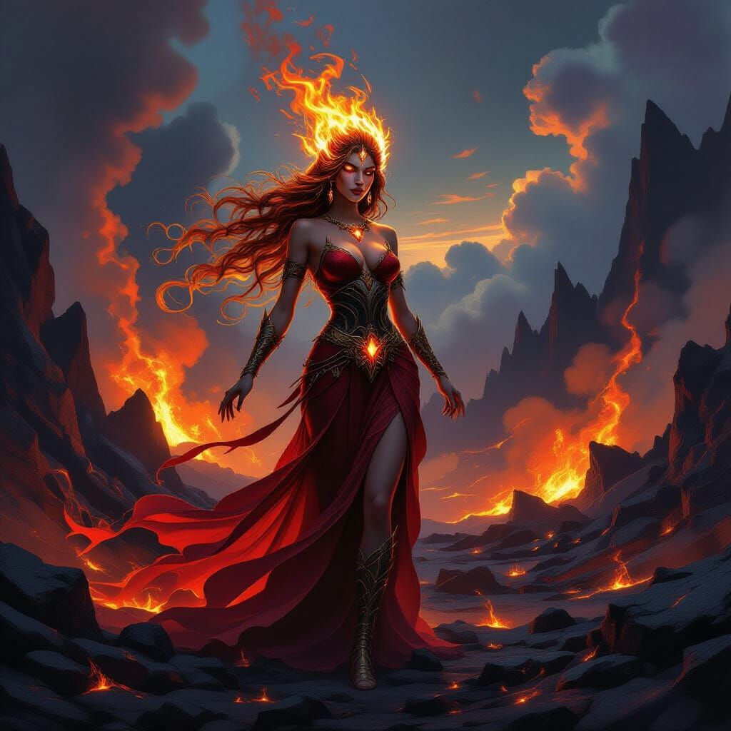 Ethereal Fire Goddess in Volcanic Landscape