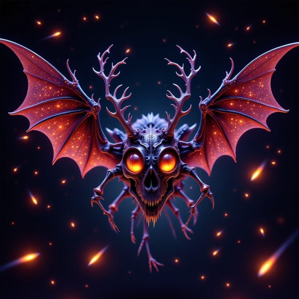 Cute Skeletal Bat with Antlers Amidst Fireflies