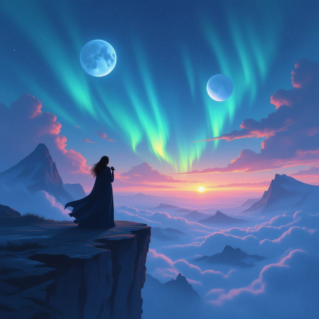 Singer on Alien Cliff Overlooking Twin Moons