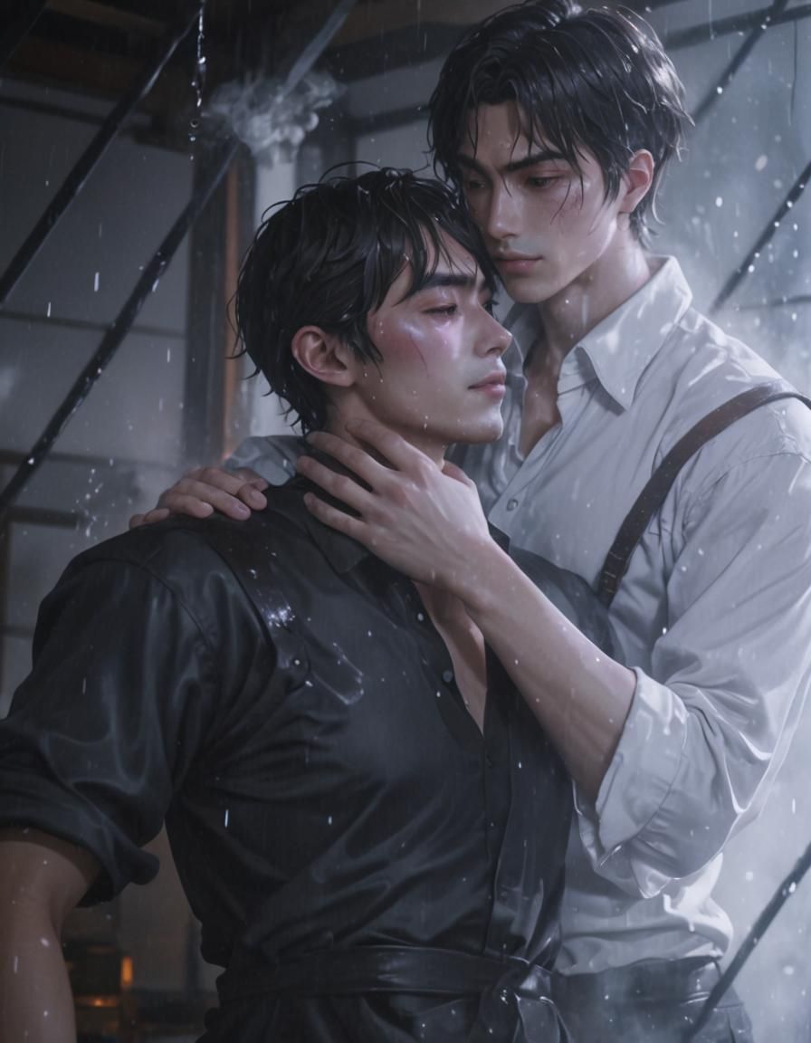 Romantic Anime Couple Embracing in Steamy Room