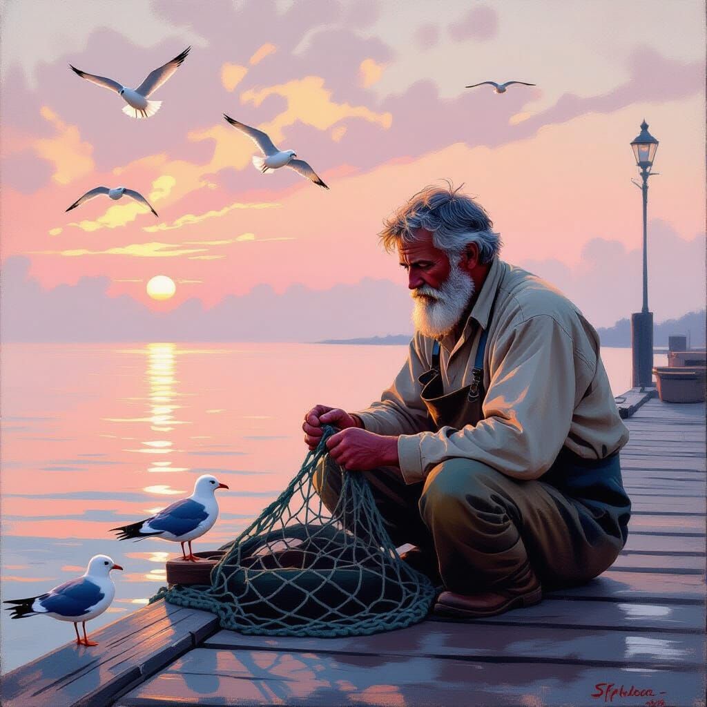 Elderly Fisherman Mending Nets at Misty Dawn Pier