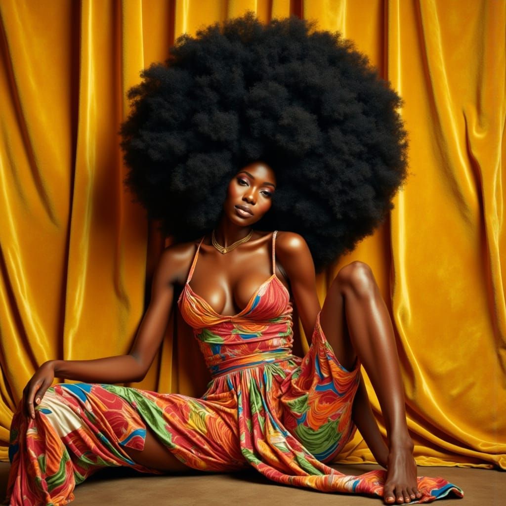 Sultry Golden Goddess with Afro Halo in High-Fashion Editori...