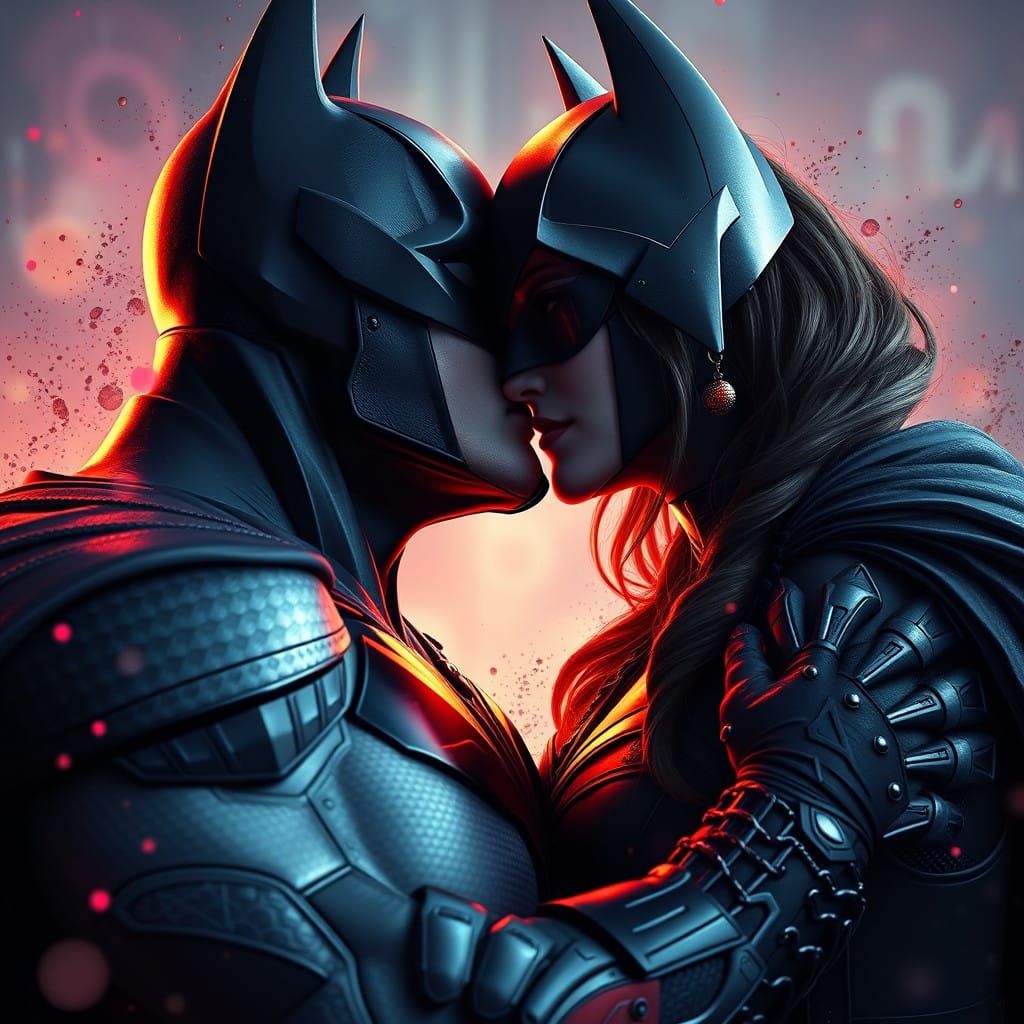 Batman in a Whimsical Kiss with the Female Bane