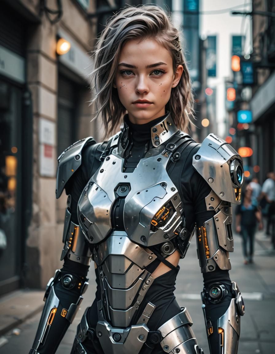 Cyberpunk Girl Portrait with Robotic Tactical Armor