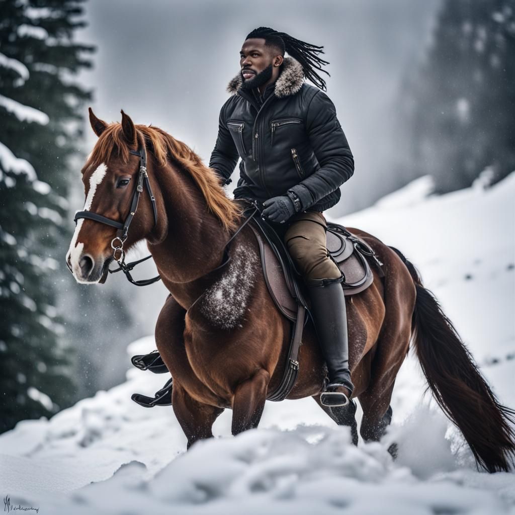 Ebony Man Horseback Riding in Snowy Mountains