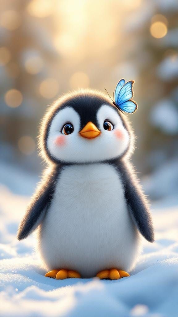 Adorable Animated Penguin with Butterfly in Snowy Scene