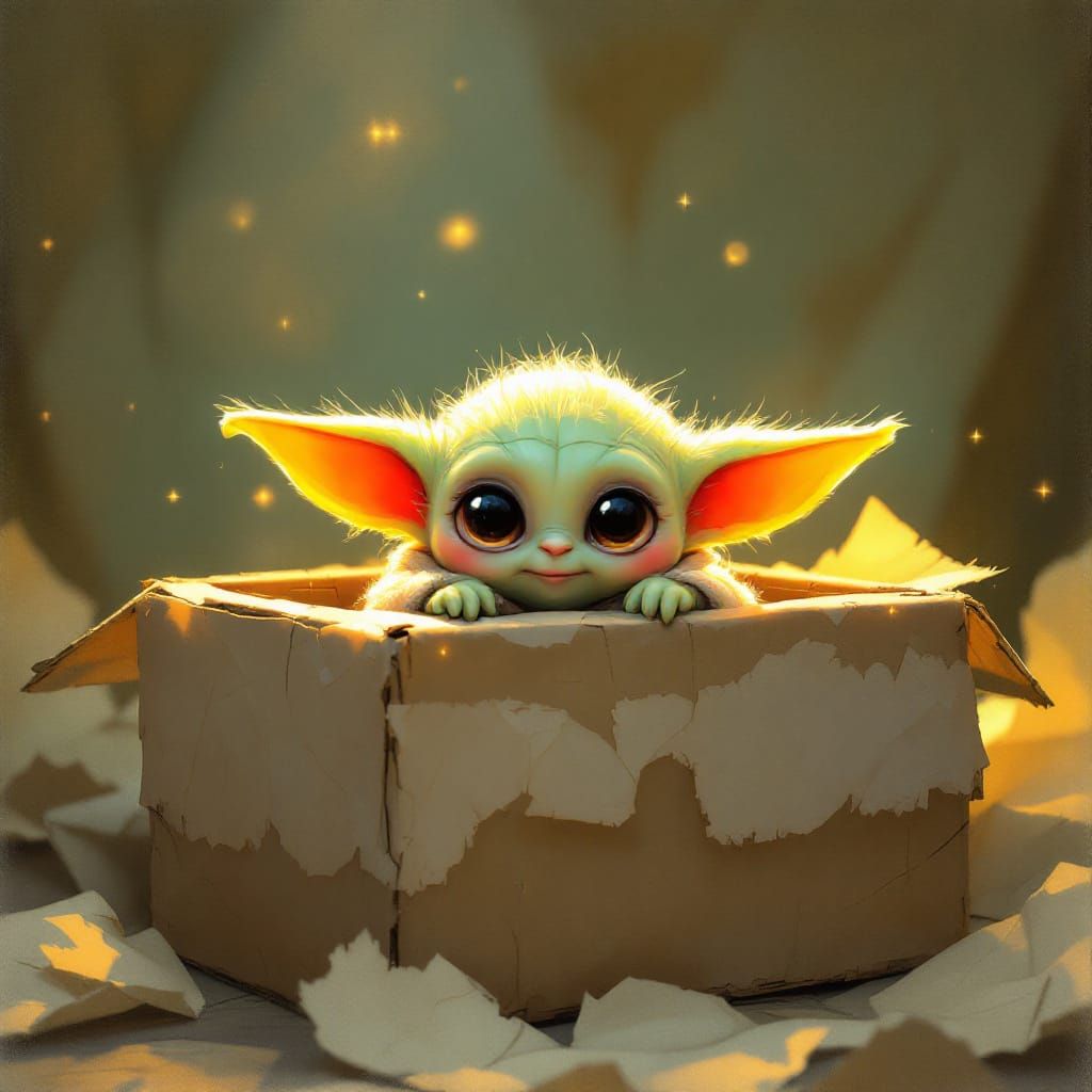 Adorable Baby Yoda Portrait in Cardboard Box