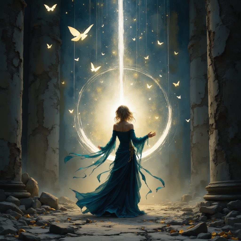 Sorceress Summoning Butterflies in Ruined Cathedral