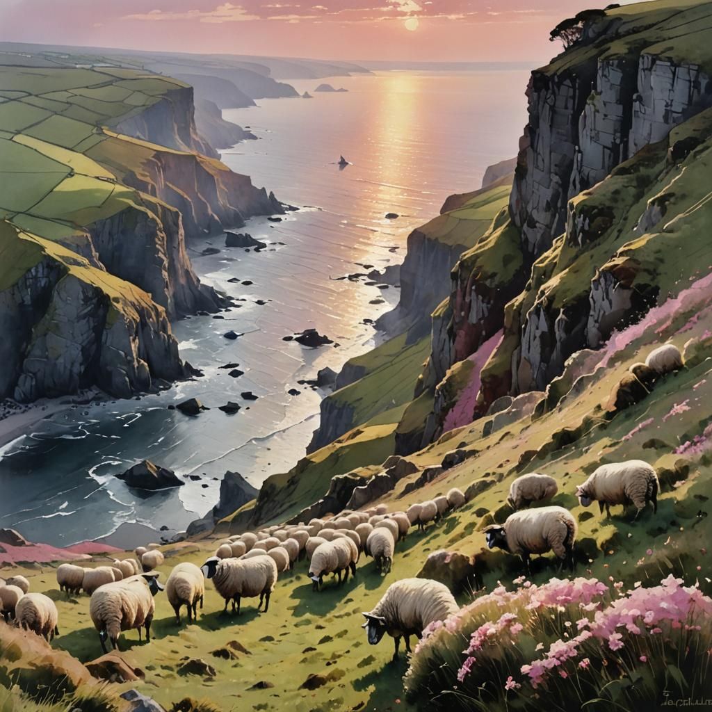 Coastal Shepherd in Pink Light, Watercolor Style