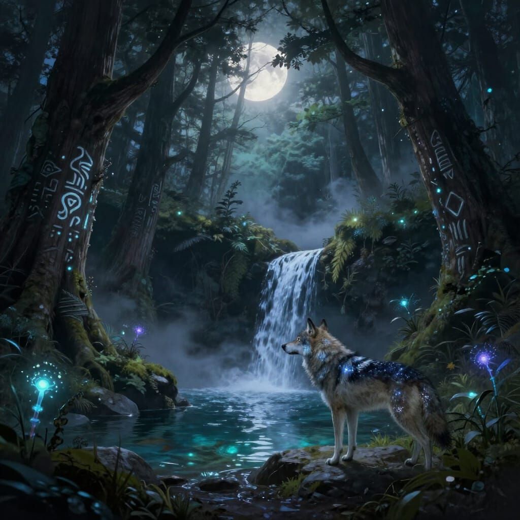 Mystical Wolf in Moonlit Forest Clearing