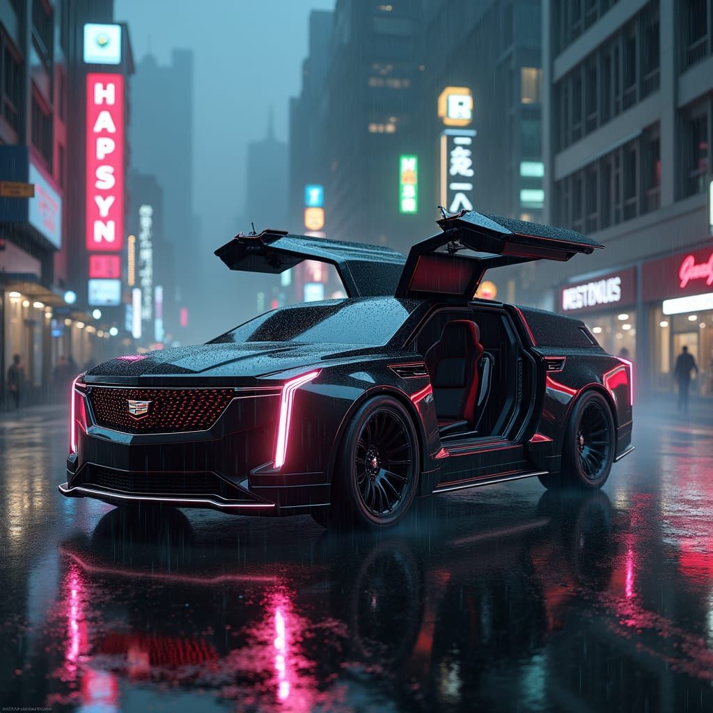 Futuristic Cadillac Escalade 2300 in Cyberpunk Cityscape