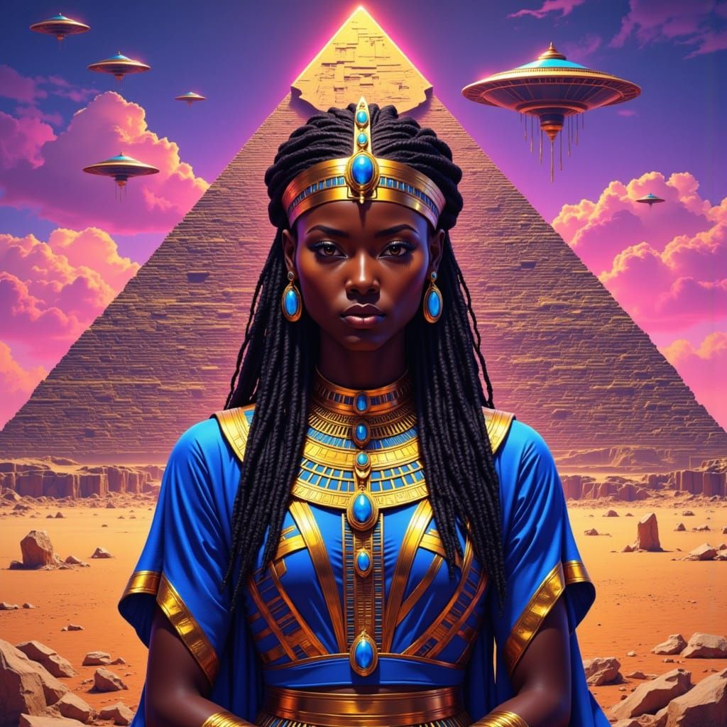 African Queen Stands Before Alien-Constructed Pyramid in Anc...