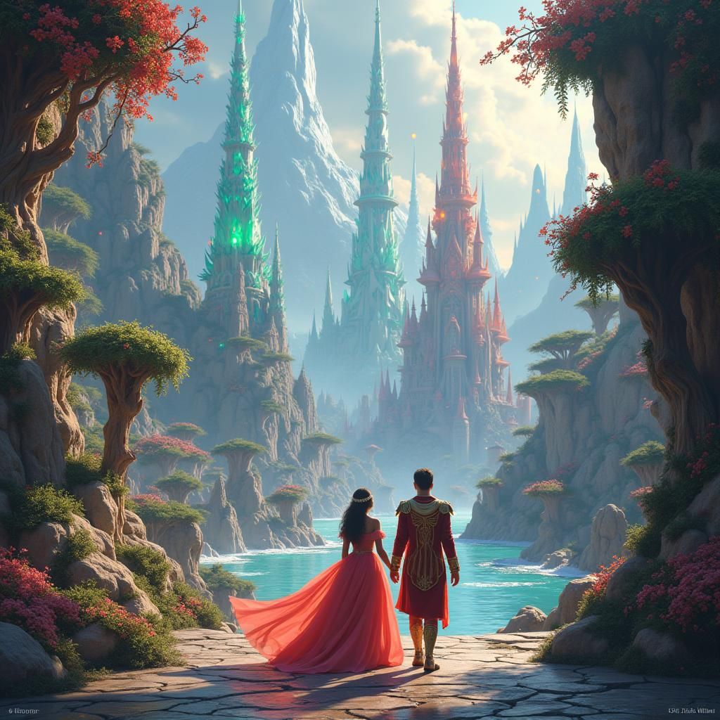 Celestial Cityscape with Royal Couple in Fantasy Style