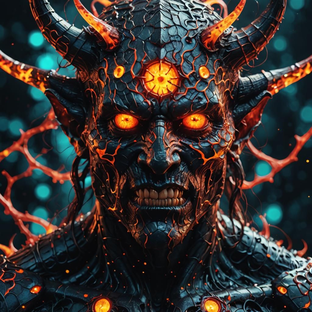 Double Exposure Demon Portrait with Glowing Eyes