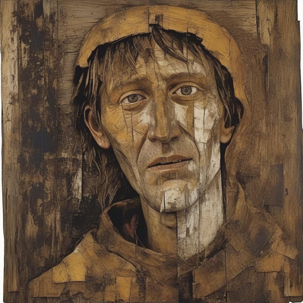 Weathered Wood Face Reflecting Humanity's Chaos