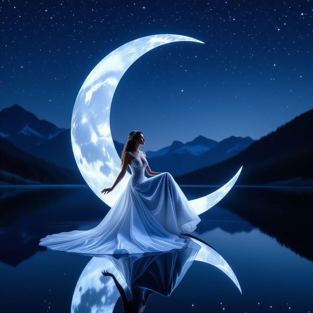 Woman on Crescent Moon Over Starry Lake