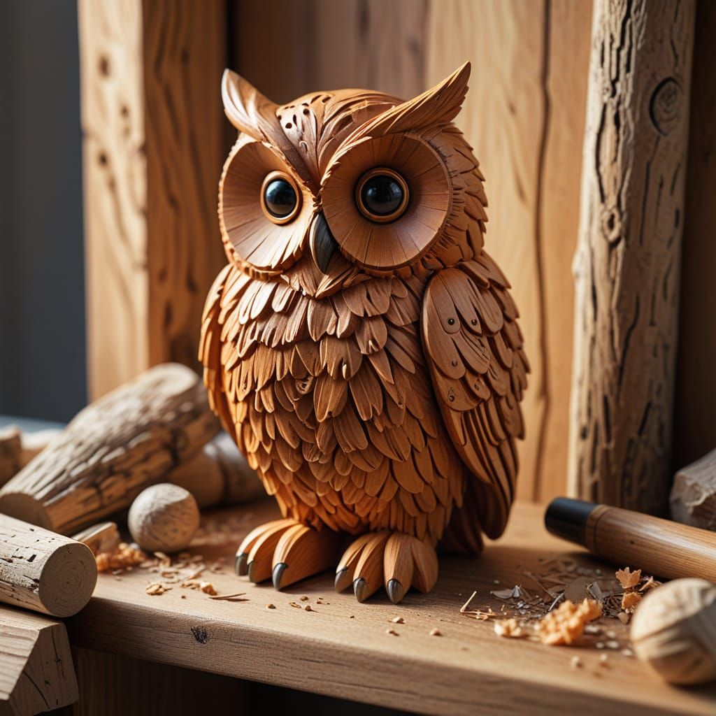 A close up hand-sculpted, owl crafted from red cheddar wood,...