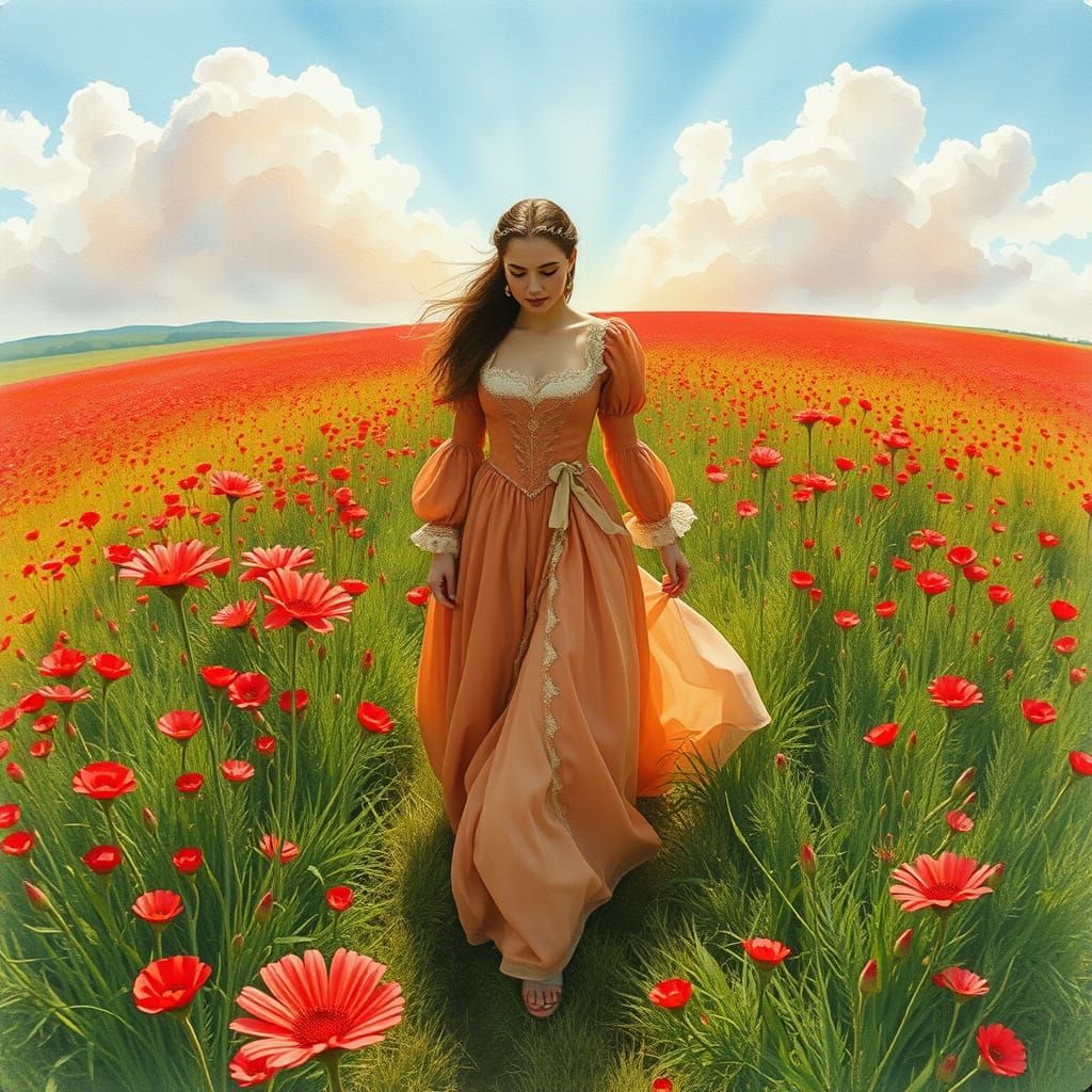 Medieval Princess Walking in a Vibrant Watercolor Landscape