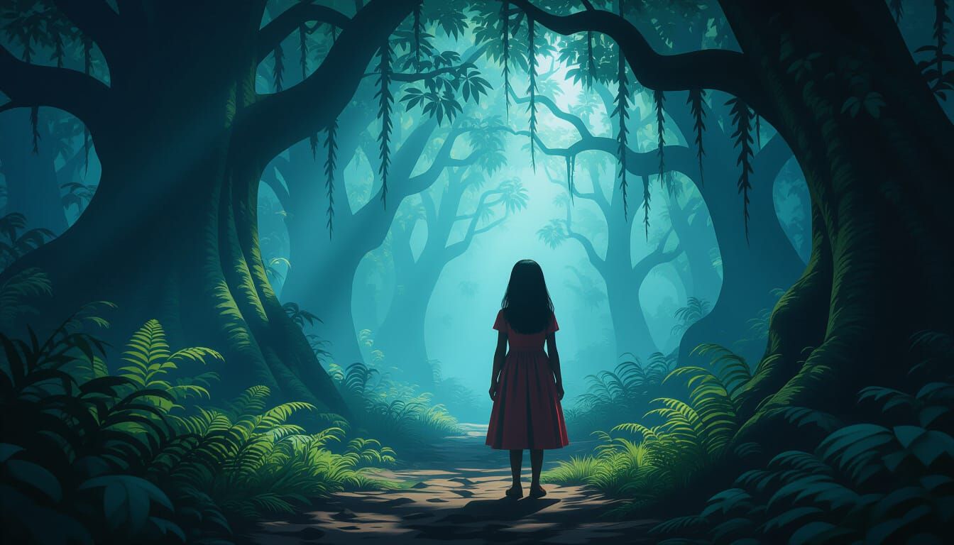 Girl in Mysterious Forest, Cinematic Horror Style
