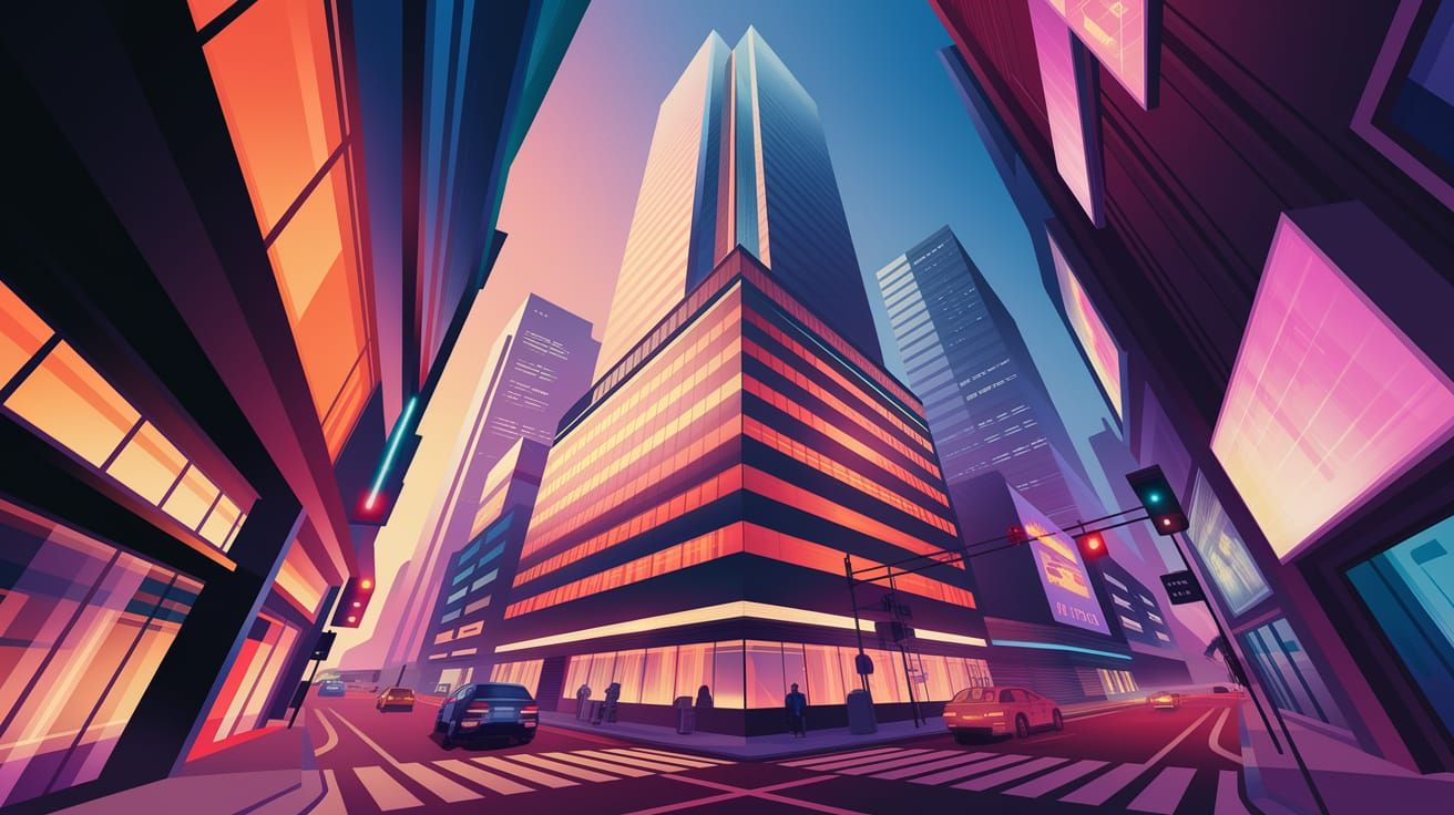 Futuristic Skyscraper in Neon Cityscape: Digital Art