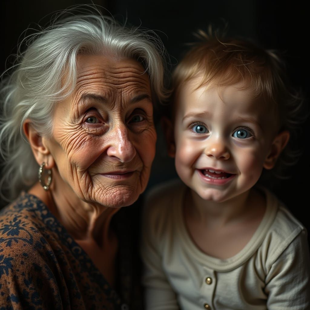 Elderly Woman and Baby Portraits in Gritty Film Style