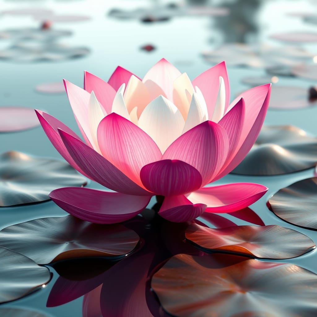 Surreal Pink Lotus Blooms in Serene Water