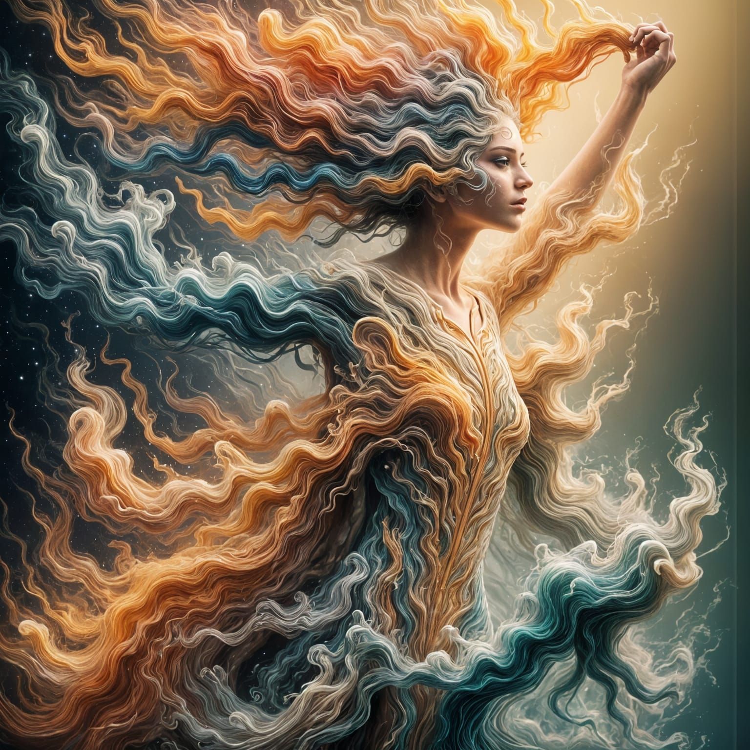 Surreal Cyberpunk Hero Emerges from Elemental Convergence