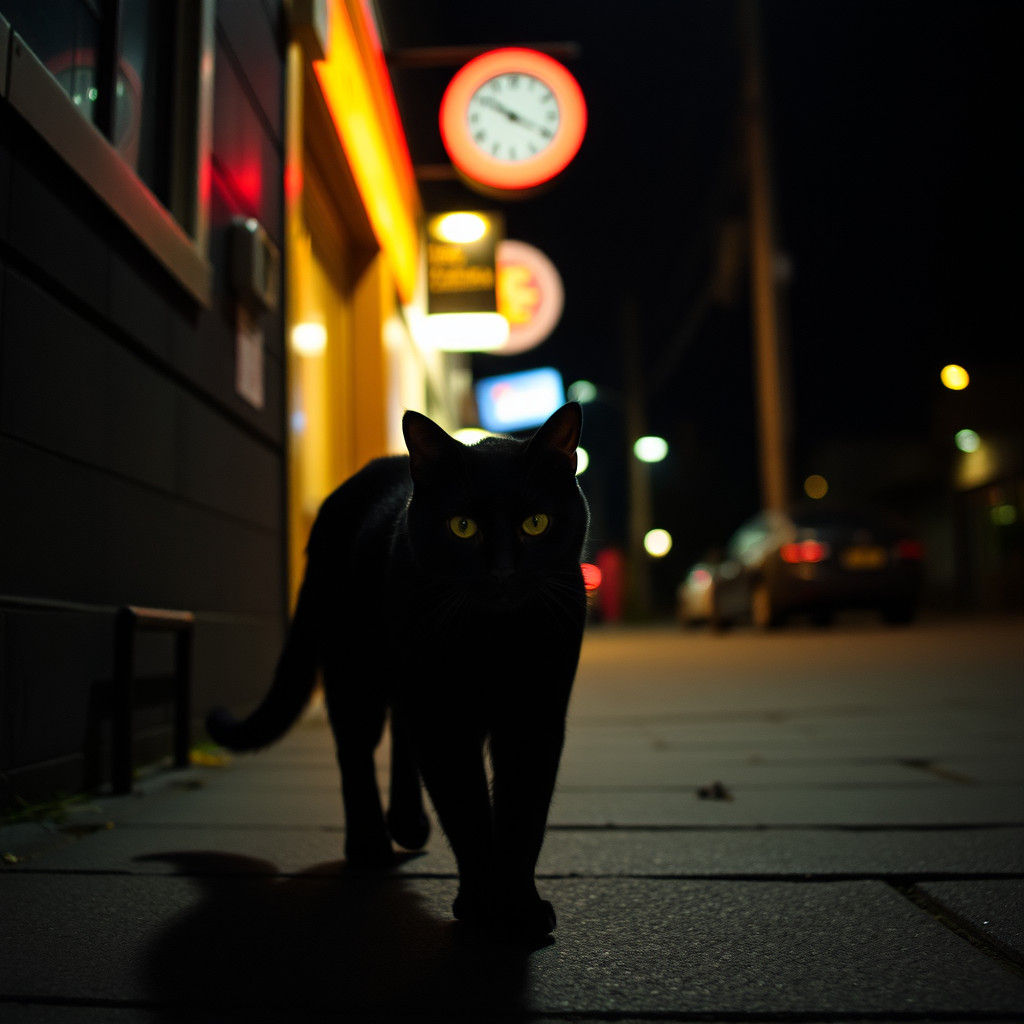 Mysterious Black Feline Strolls on a Friday Night in Moody W...