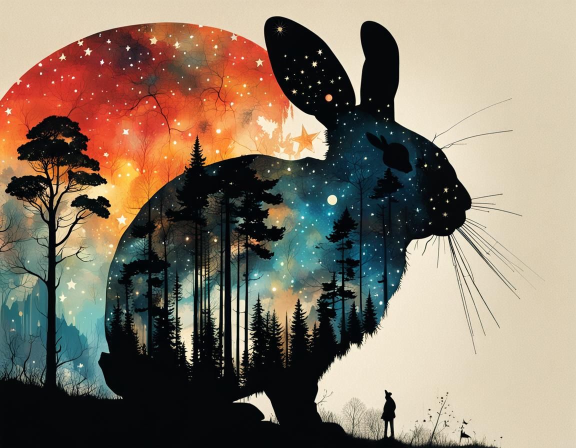 Double Exposure Rabbit Silhouette With Galaxy