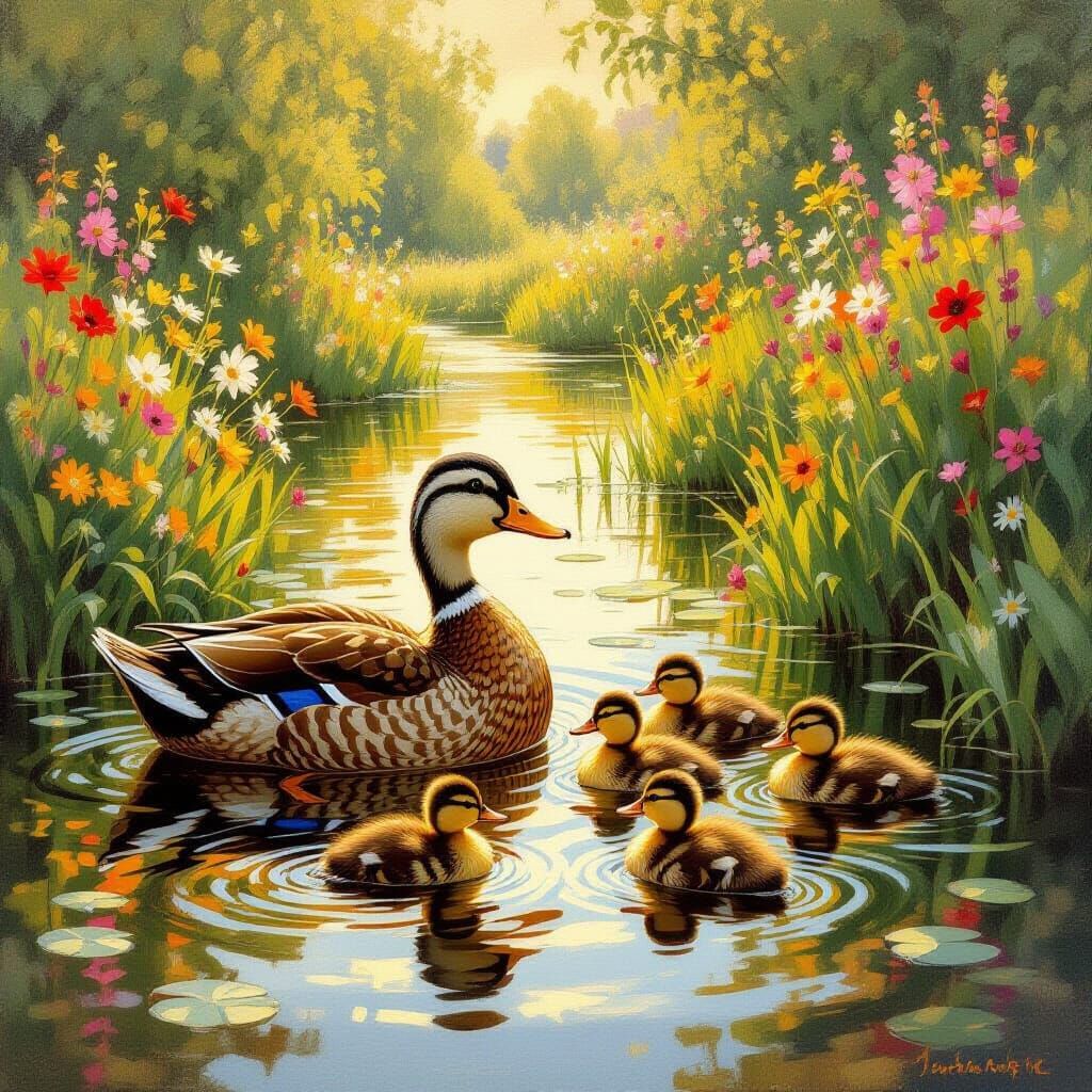 Duck and Ducklings in Shishkin Style Landscape