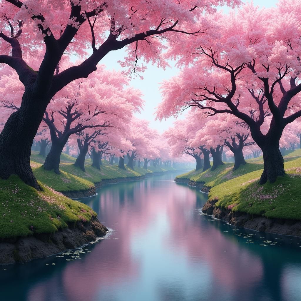 Sakura Cherry Blossoms by a River