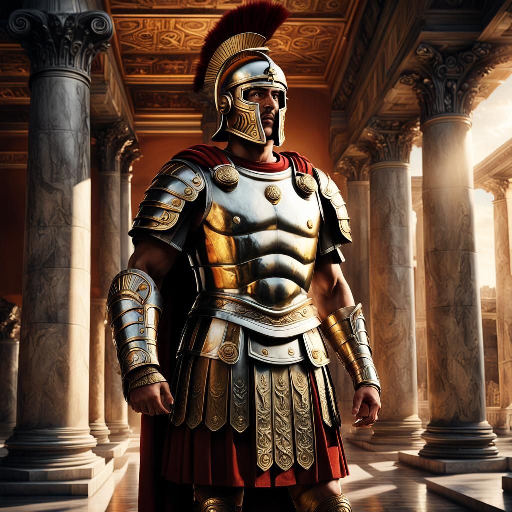 Roman Centurion in Temple: Hyper-Realistic Oil Painting