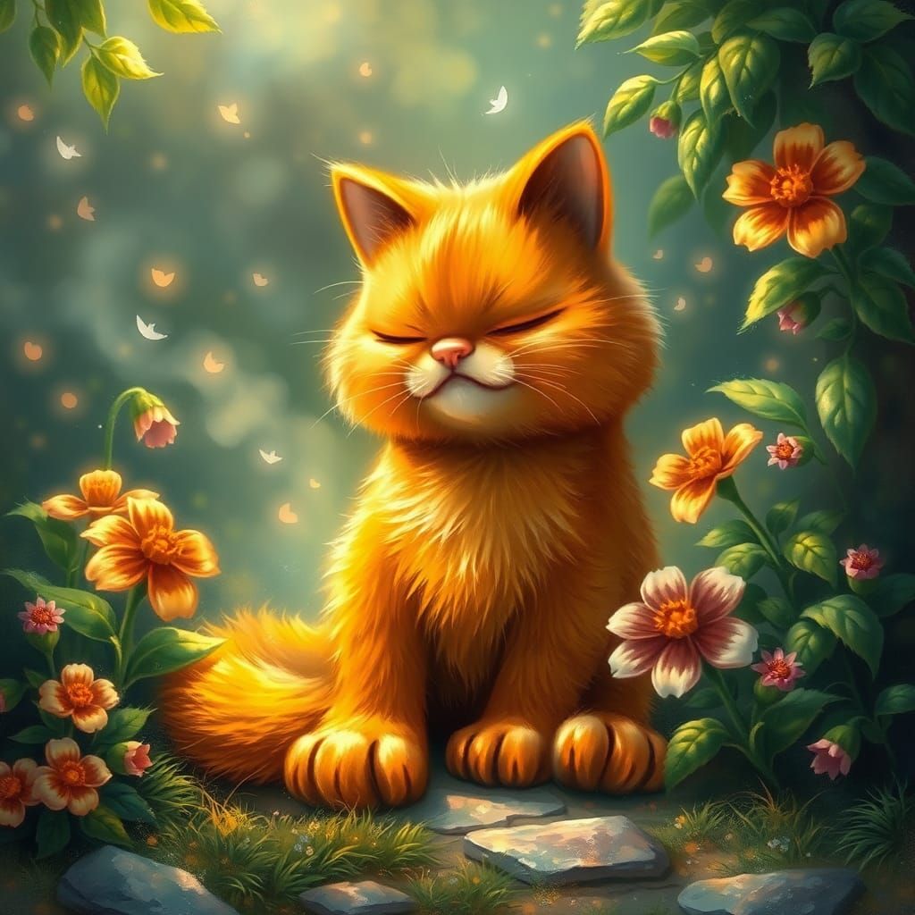 Garfield in Mystical Garden: A Thomas Kinkade Dreamscape