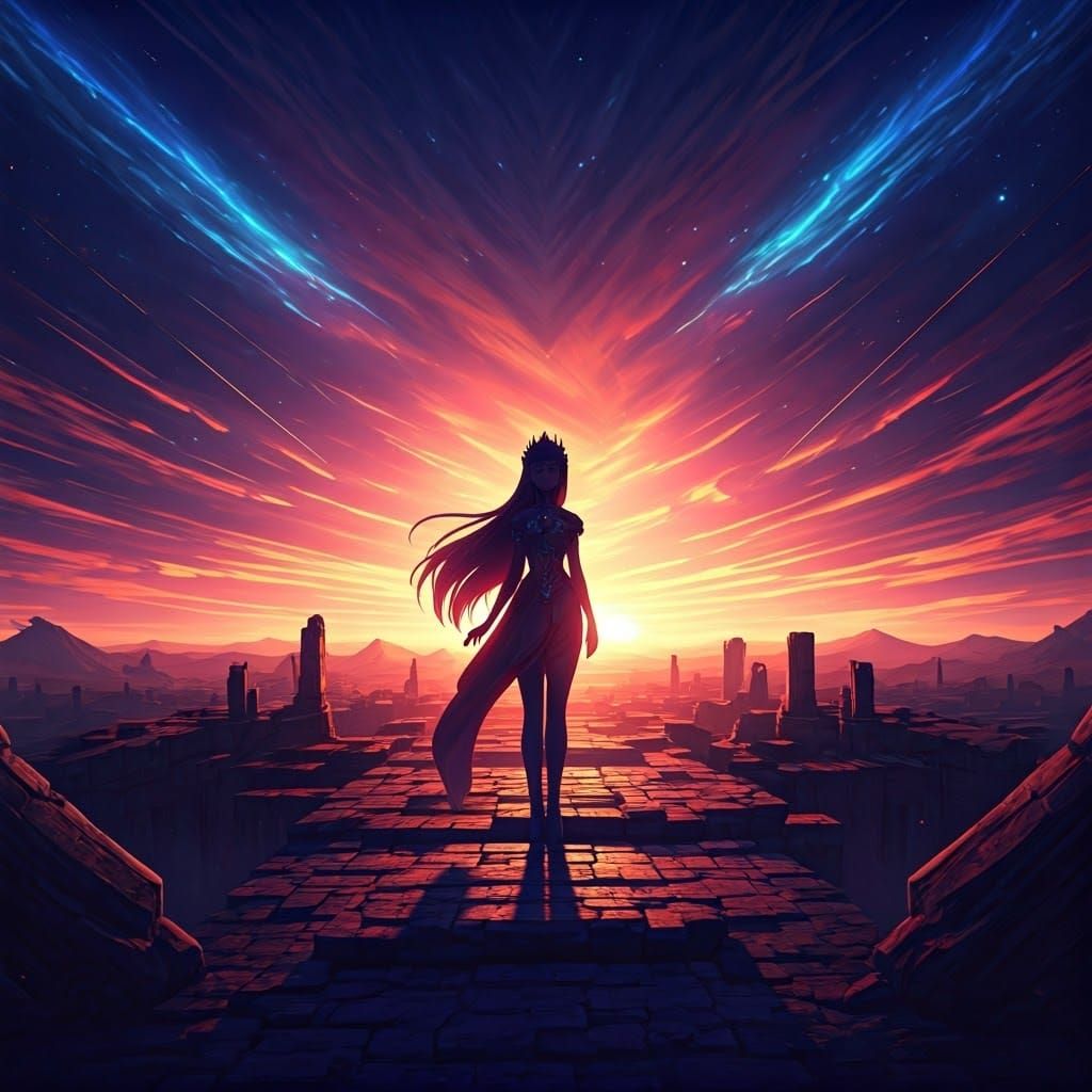 Anime-Inspired Alien Princess Amidst Ruins on a Distant Plan...