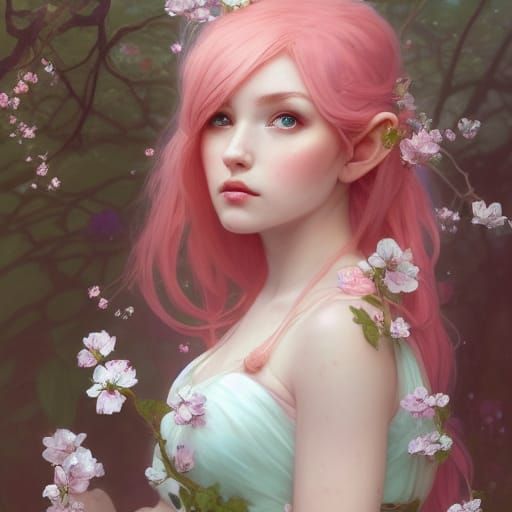 Enchanting Elf Portrait with Blossoms, Hyperdetailed