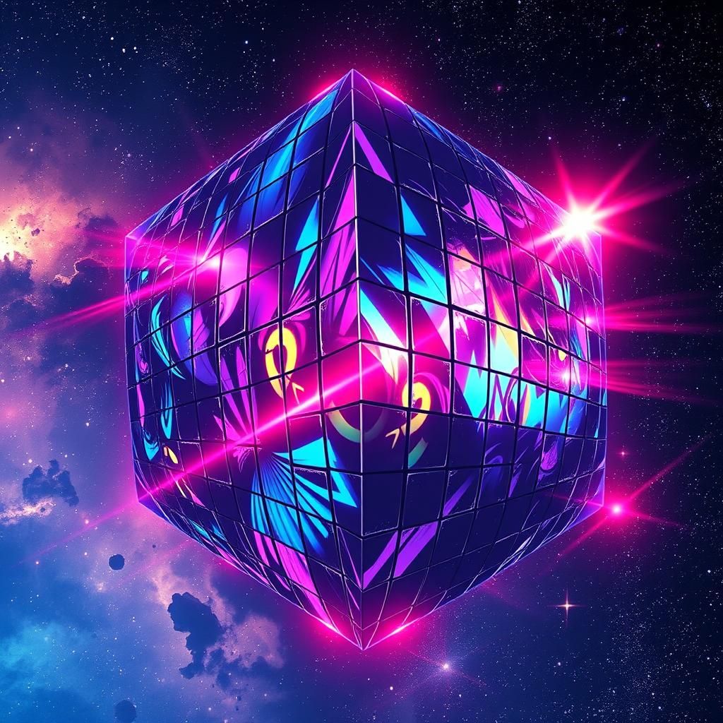 Mirrored Cosmic Cube in Distorted 8-Bit Aesthetic