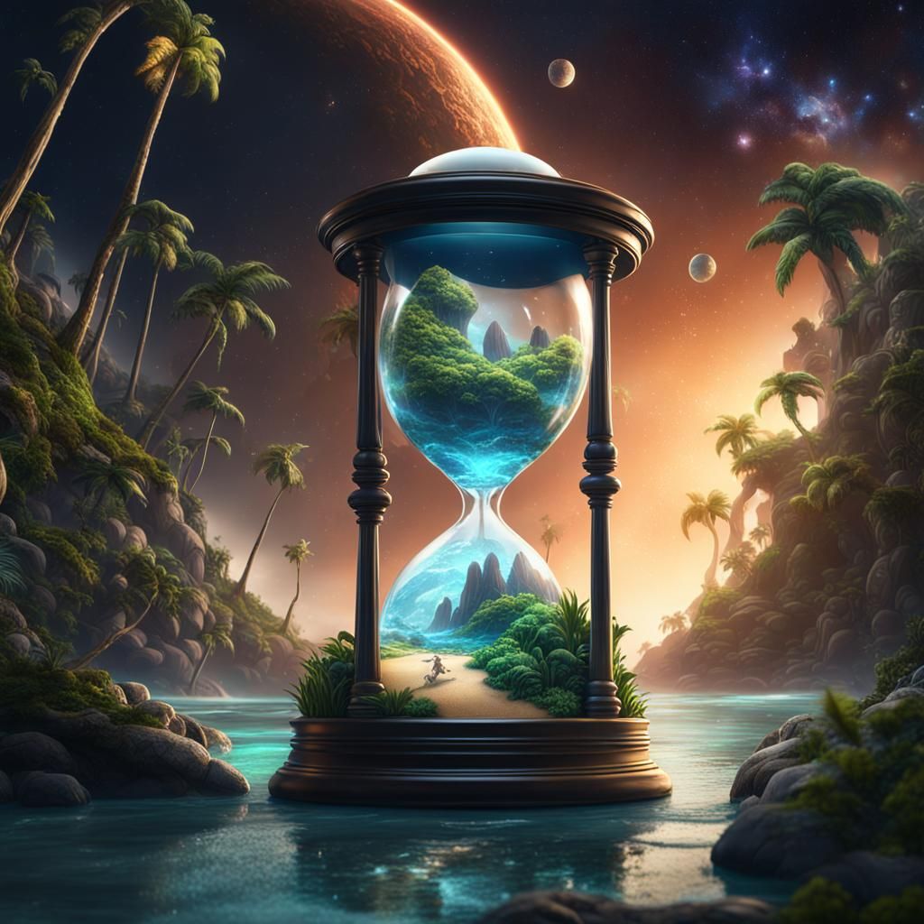 Surreal Hourglass with Jungle and Beach in Space
