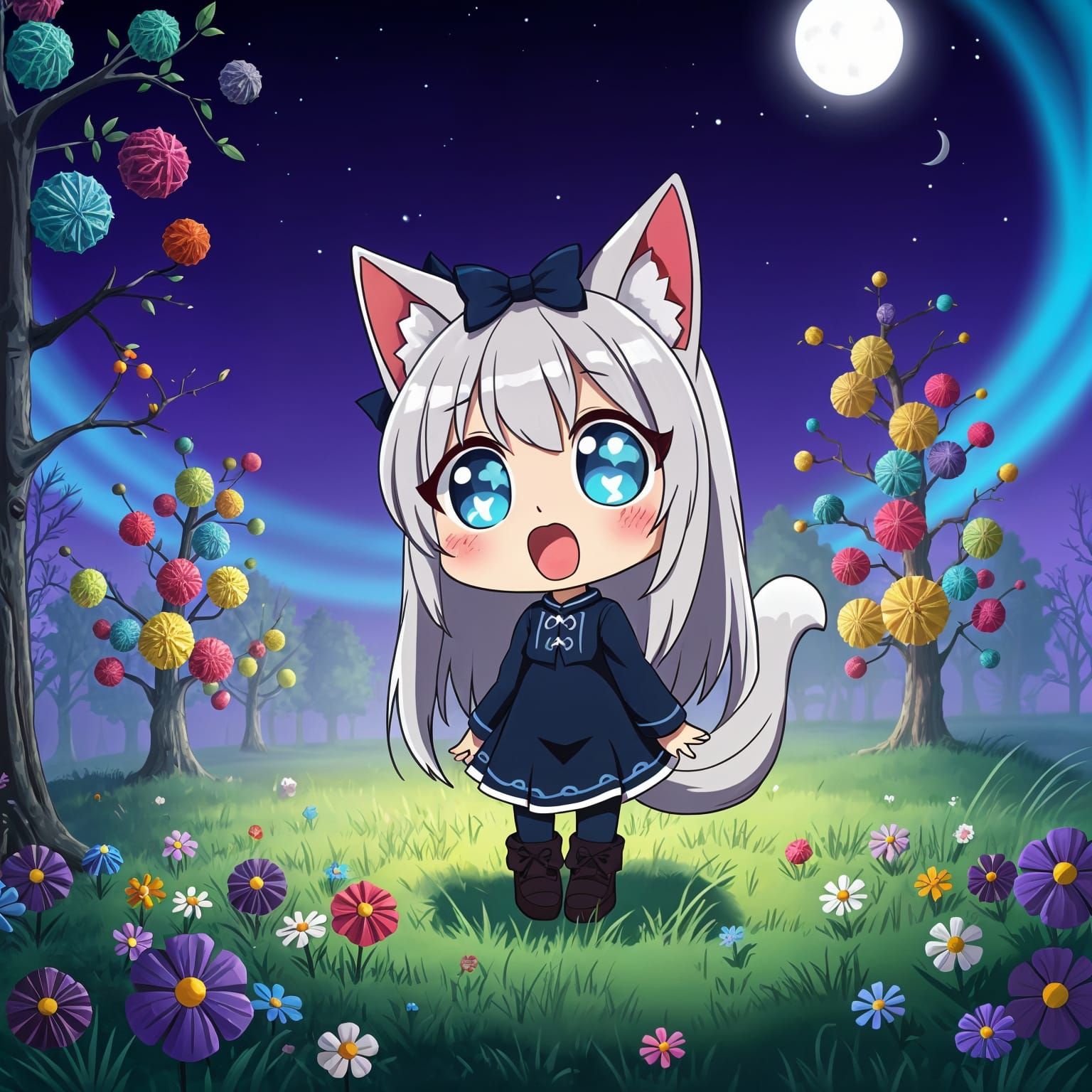 Anime Catgirl in Yarn Forest with Northern Lights
