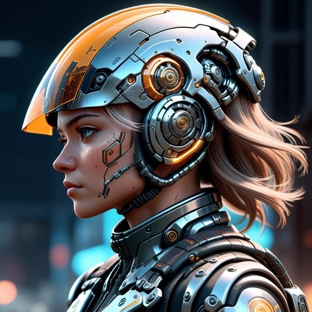 Female Cyborg Biker Portrait in Photorealistic Style