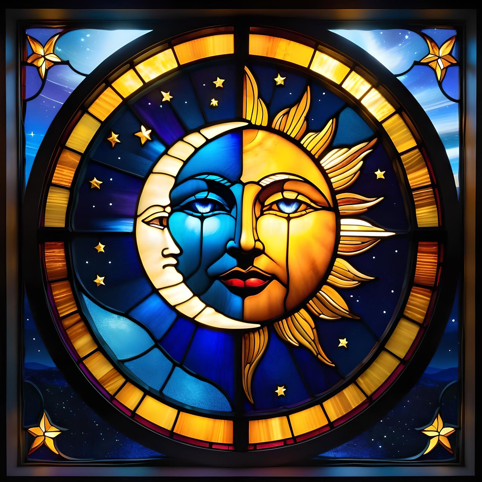 Stained Glass Sun and Moon in Night Window