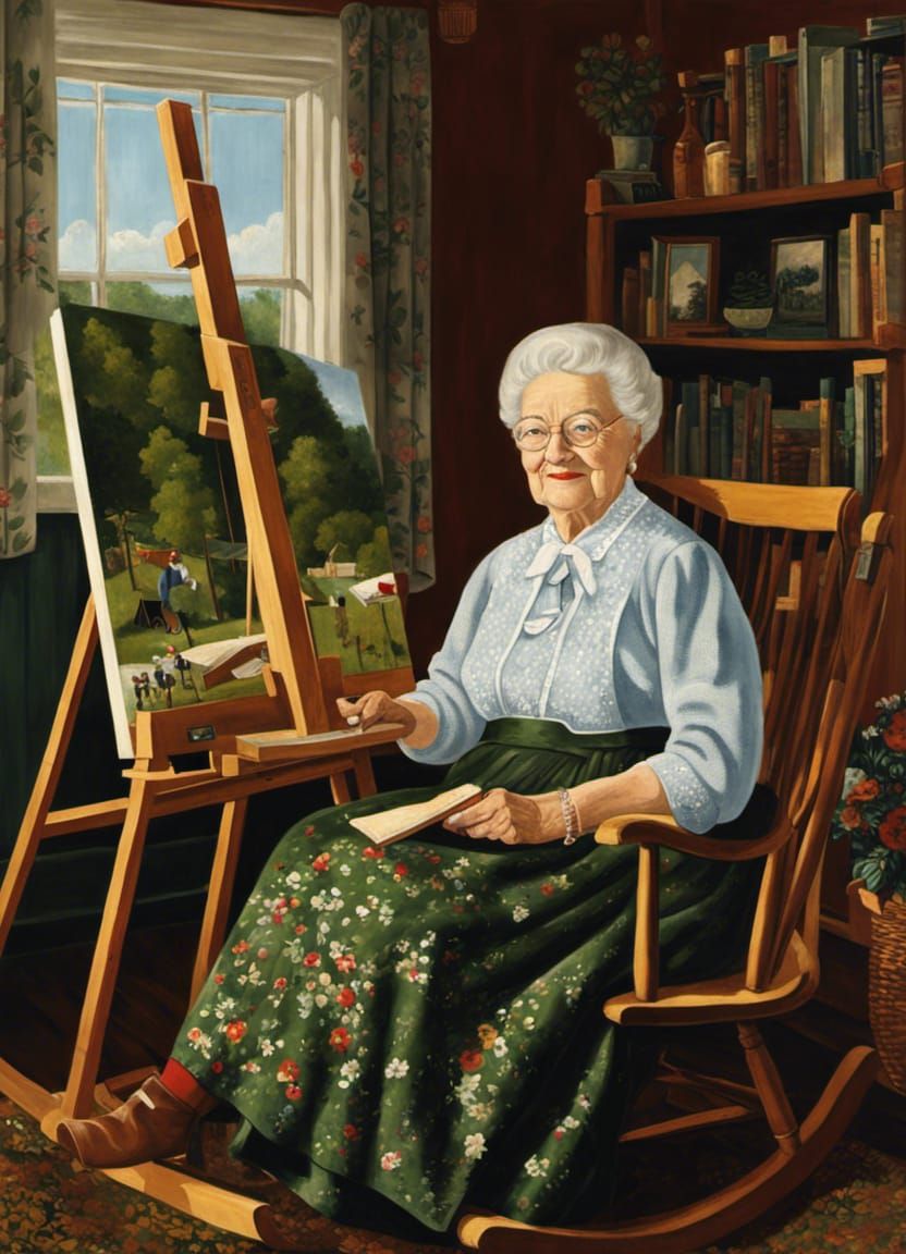 Smiling Grandma Moses Self-Portrait in Folk Art Style