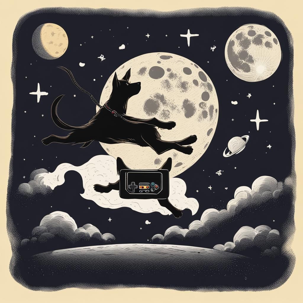 Dog Jumps Over Moon with Game Console