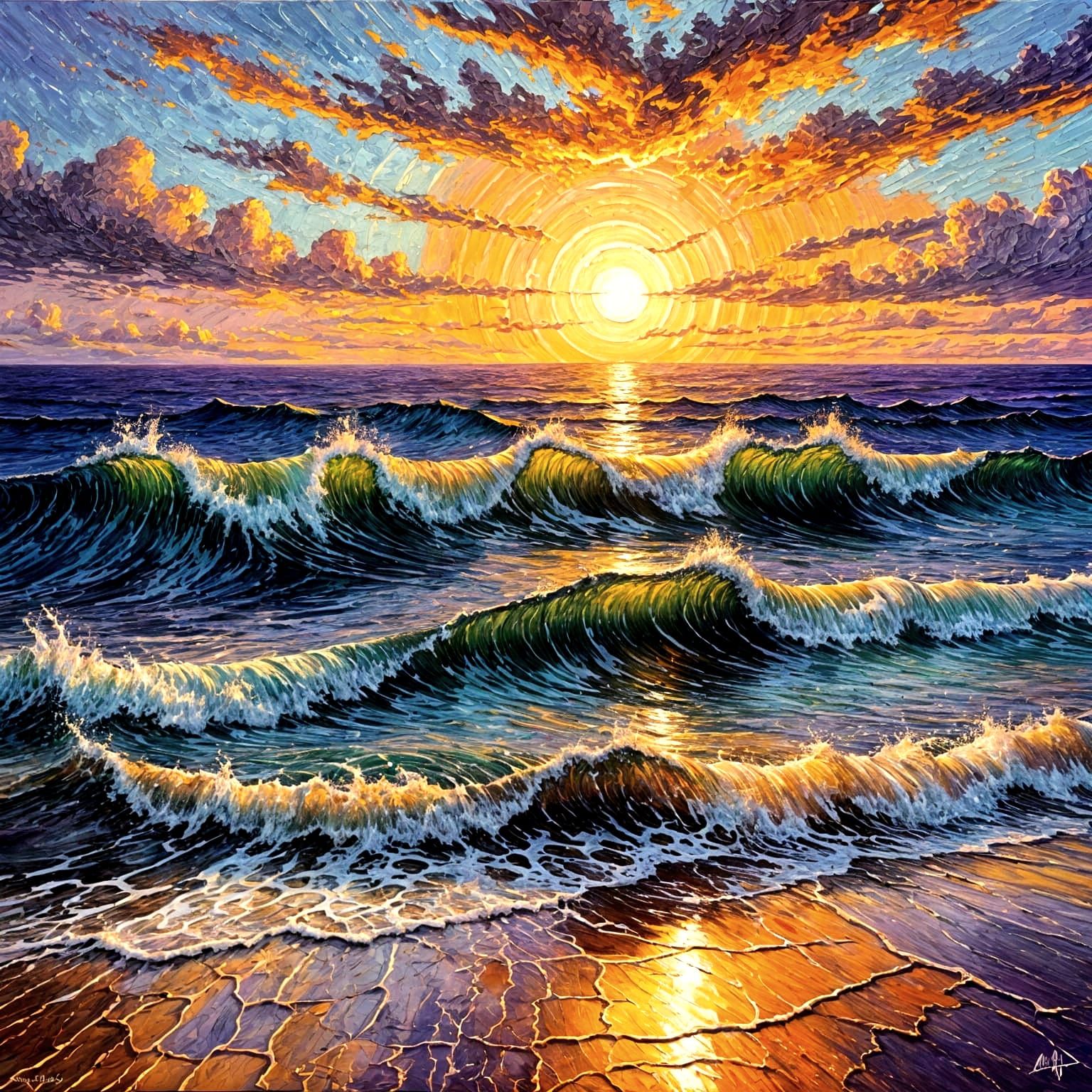 Vibrant Impasto Seascape in Purple and Orange