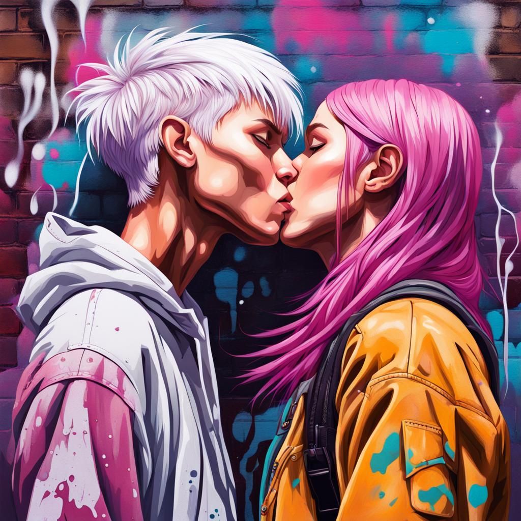 Kissing Teenagers in Colorful Graffiti Art Style