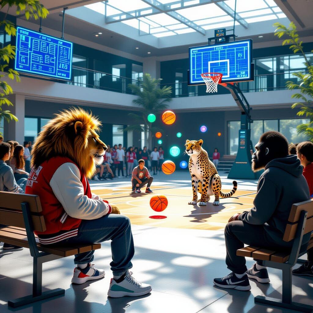 Lion in Varsity Jacket in Futuristic School