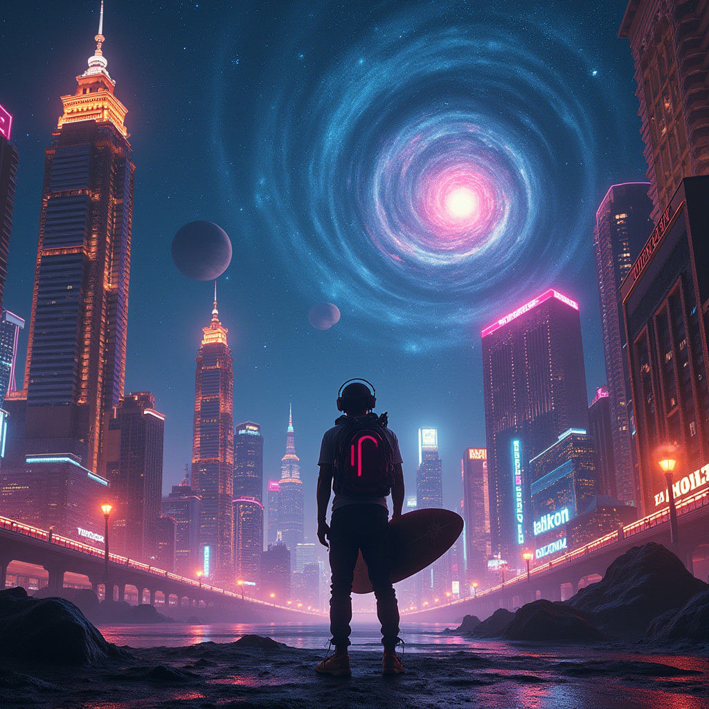 Deejay in Vegas with Galaxy and Neon Lights