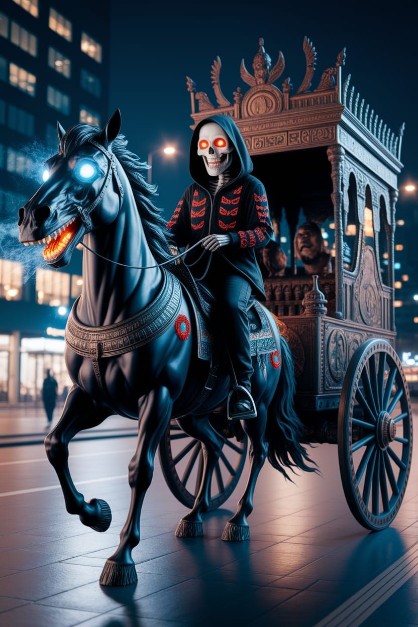 Grim Reaper Rides Demonic Horse Through City