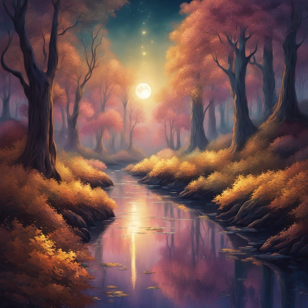 Golden River in Luminous Forest Art Nouveau Style